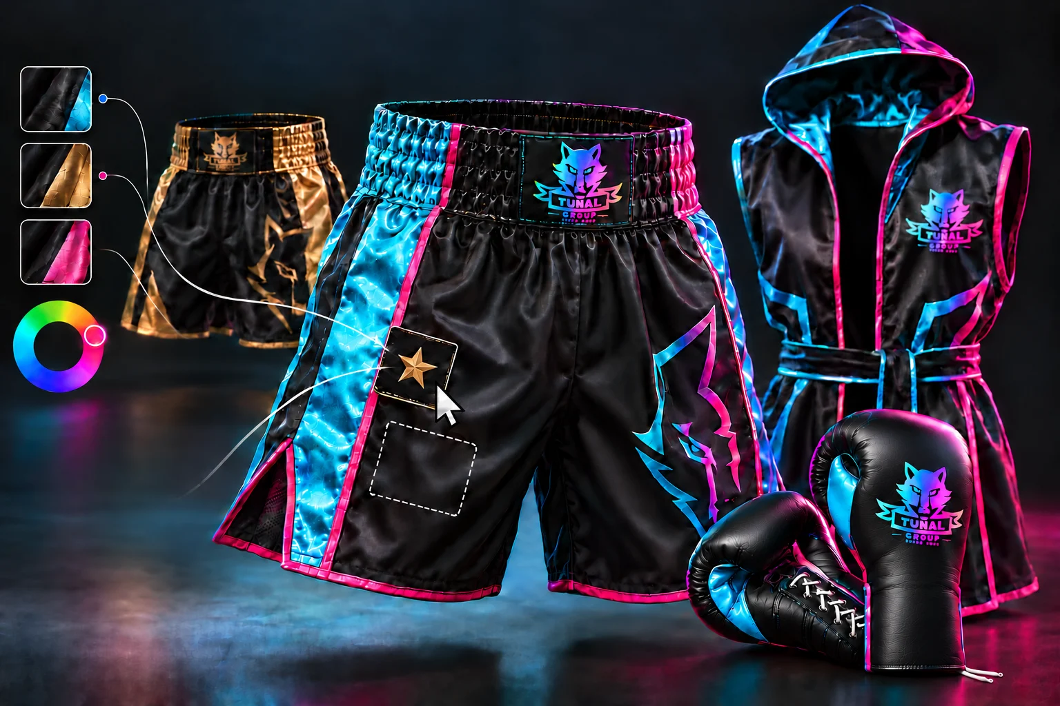 Design your boxing kit: shorts, robe, gloves, colour choices and logo placement.
